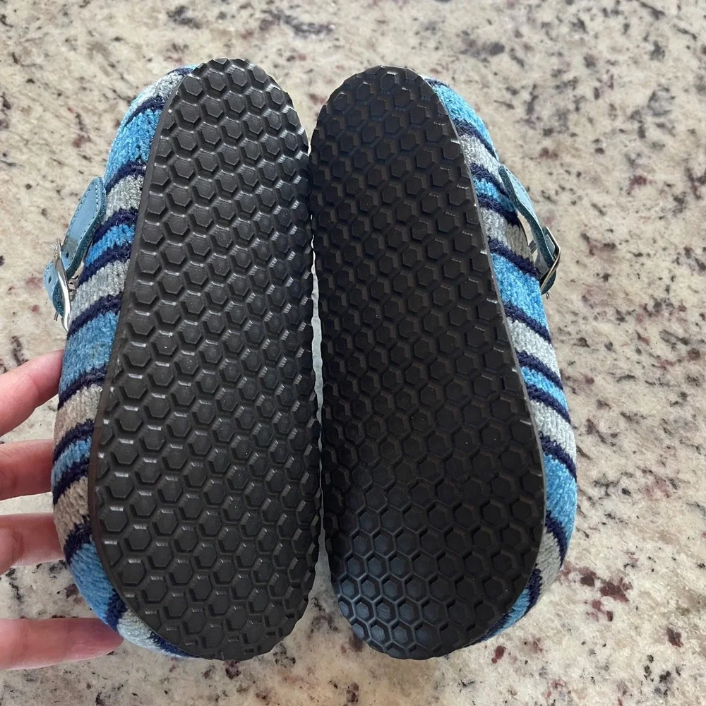 Dr. Scholl Adapta Clogs Kids 30 Blue Striped Cozy Knit Buckle Strap Mules Shoe